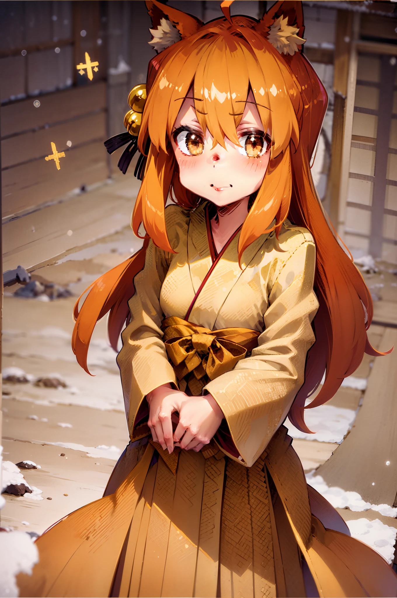 Masterpiece, best quality, perfect lighting, 1girl, solo, suzu, fox ears, fox tail, brown eyes, orange hair, yellow miko kimono, bell hair ornament, medium hair, ahoge, hair between eyes, standing, smile, winter, snow, nighttime, snowing, looking at viewer, (cold breath:1.4), (jitome:1),, standing, flipflops