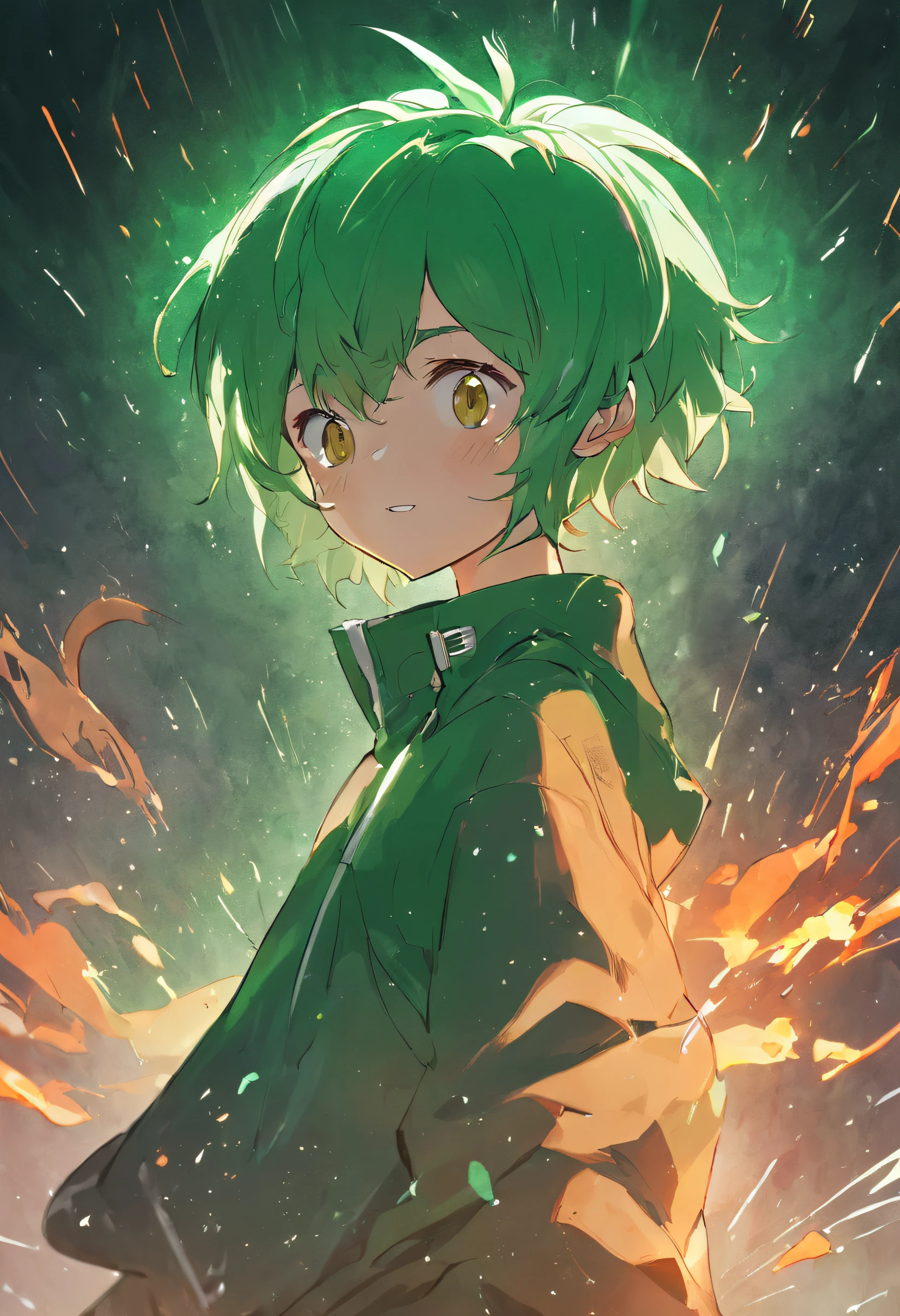 adolescente de cabelos verdes, pele clara sorrindo segurando uma espada