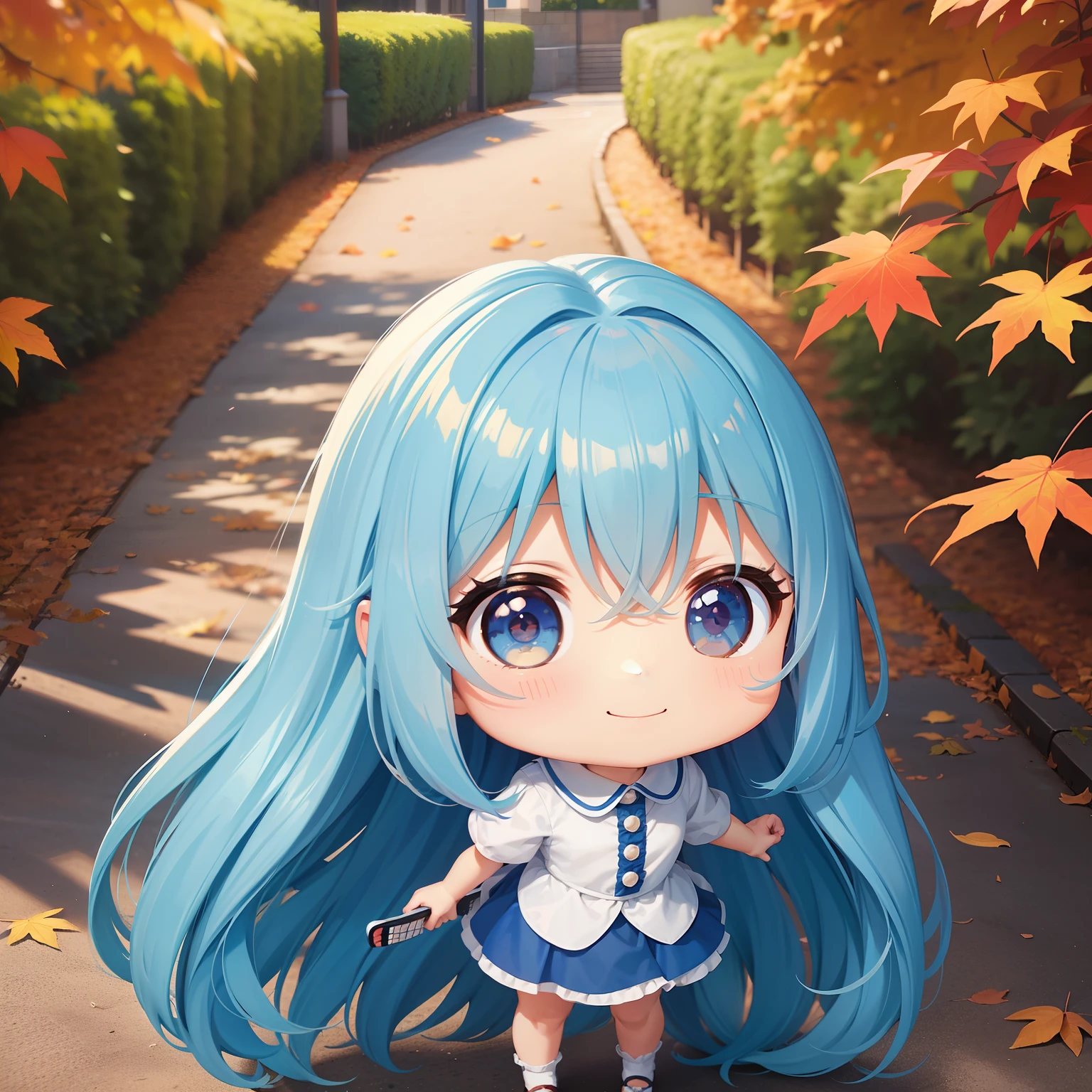 Chibichara long hair with blue hair((Chibi Chara))、Fluffy、girl with、A smile、Chibi Chara、full body Esbian、Pastel colors hair、masutepiece、top-quality、Park of autumn leaves、Chibichara playing tennis