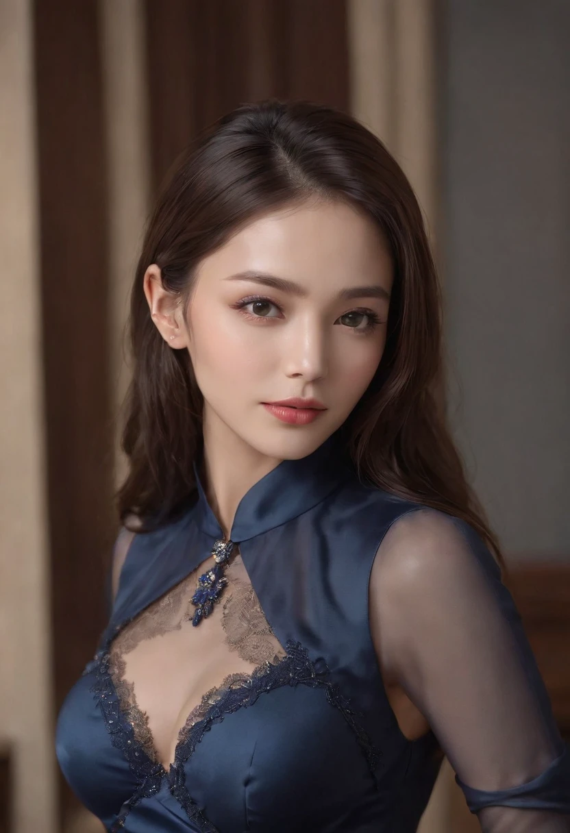 (Top Quality, 16k, Masterpiece: 1.3)), Slender Beauty 1 Person: 1.5, (D Cup Breasts: 1.1, Slender Abs: 1.2), (Black Straight Long Hair), (Ultra Detailed Face and Skin Texture, Ultra Detailed Eyes, Double Eyelids, Ultra Detailed Eyes), (Sharp Focus: 1.2), tight Dark Blue Suit, Dark Blue pajamas, Kneeling on Desk, Back ground is President's bedroom, close shot with focus on her chest