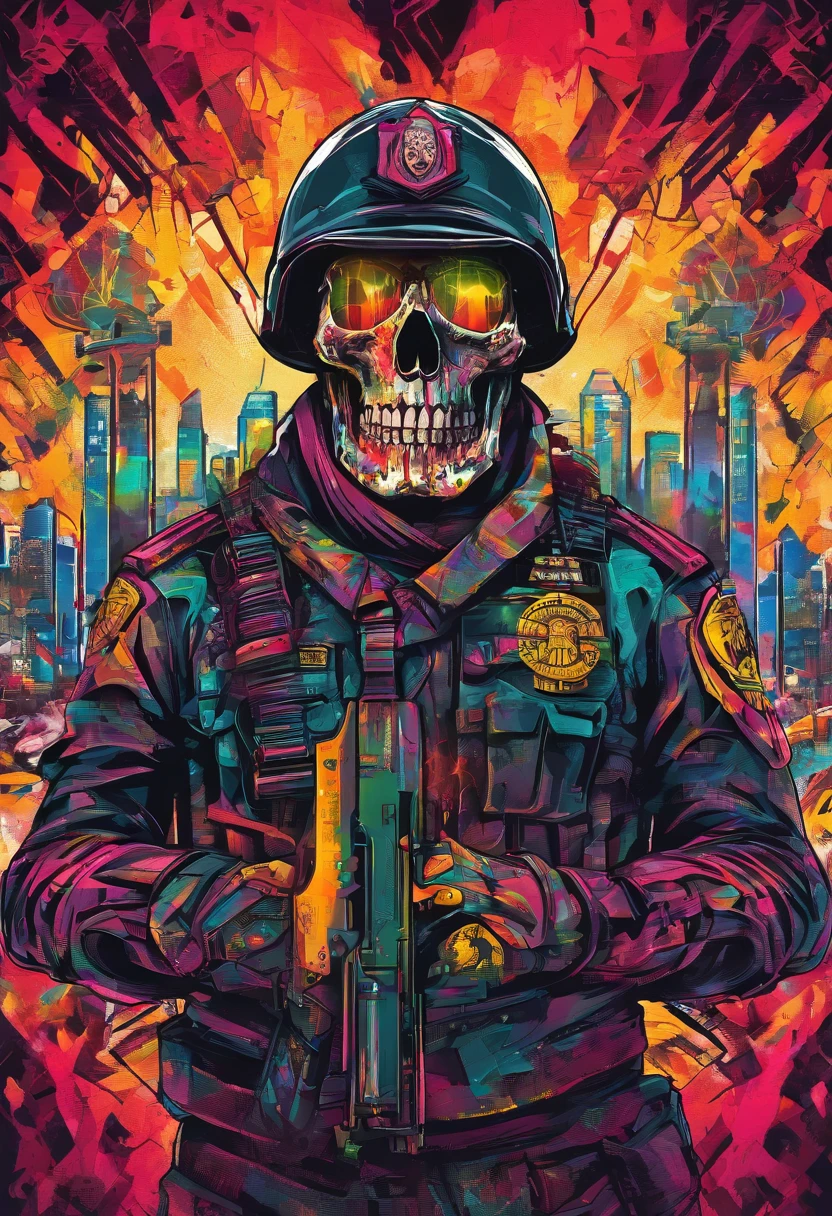 Skull-faced policeman wearing balacrava, bright burning eyes, burning penitentiary background, ultra-detailed background Biomechanics, strange, scary, Nightmare, very bright colors, light particles, with bright light, Mshiff, Wallpaper art, hard line, ultra line, bold line, Wallpaper UHD wall, no double face, no error.