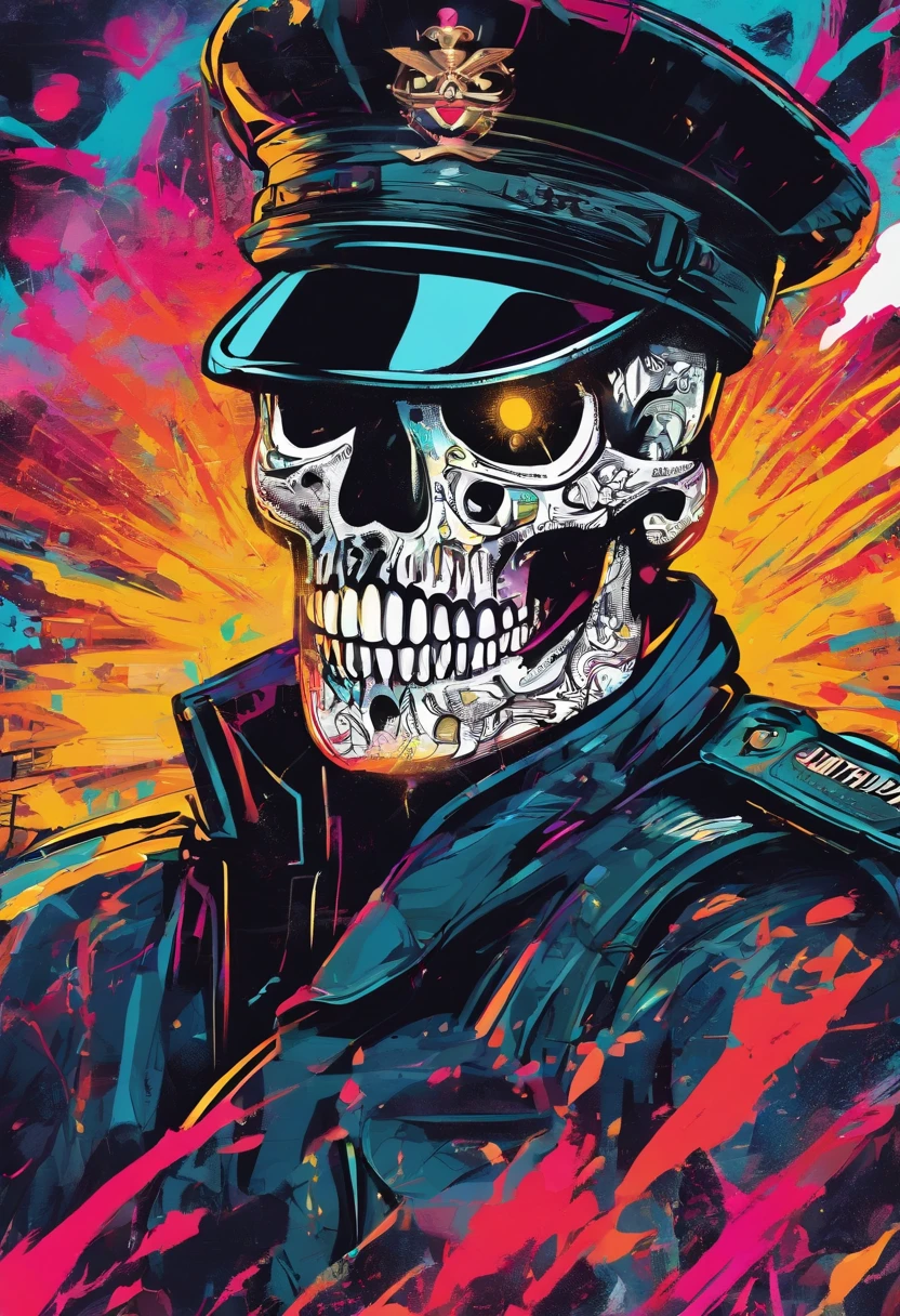 Skull-faced policeman wearing balacrava, bright burning eyes, burning penitentiary background, ultra-detailed background Biomechanics, strange, scary, Nightmare, very bright colors, light particles, with bright light, Mshiff, Wallpaper art, hard line, ultra line, bold line, Wallpaper UHD wall, no double face, no error.