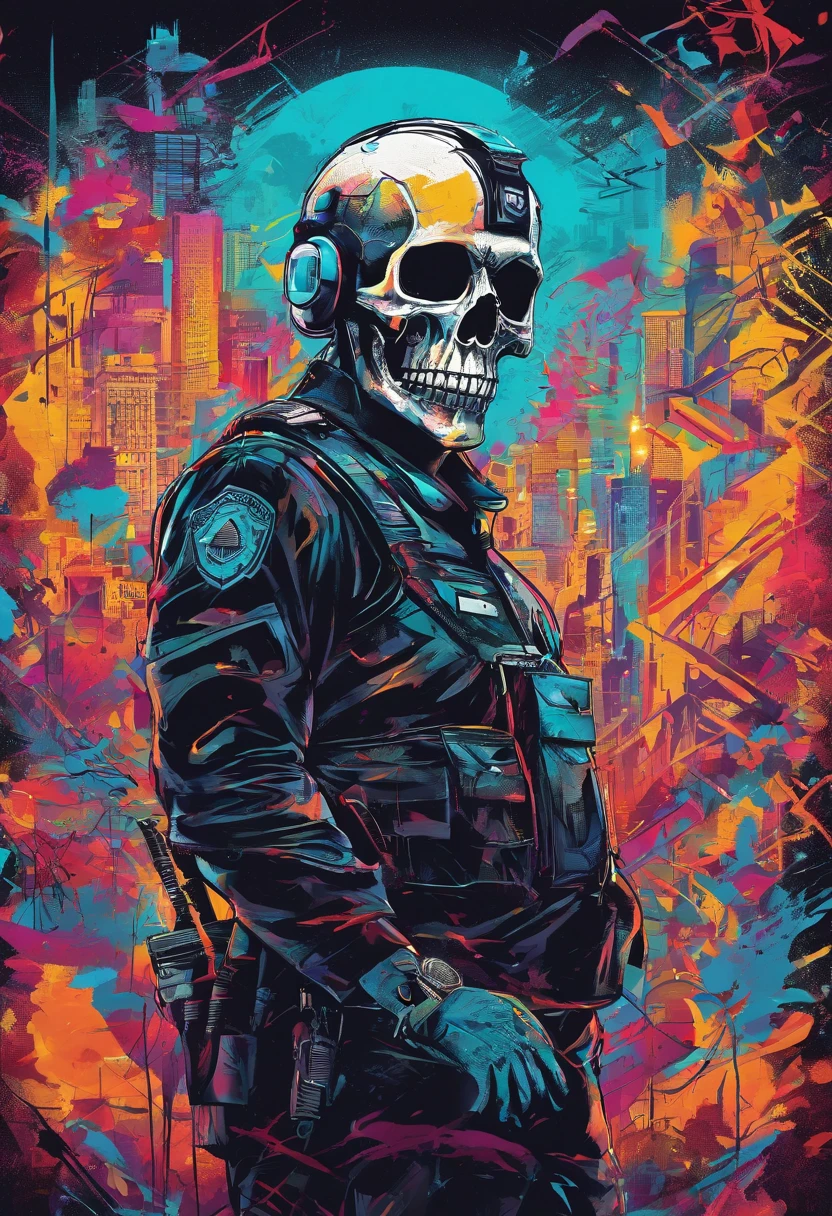 Skull-faced policeman wearing balacrava, bright burning eyes, burning penitentiary background, ultra-detailed background Biomechanics, strange, scary, Nightmare, very bright colors, light particles, with bright light, Mshiff, Wallpaper art, hard line, ultra line, bold line, Wallpaper UHD wall, no double face, no error.