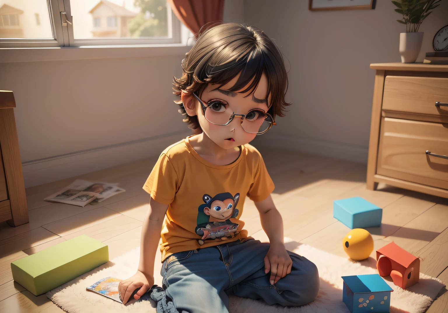 (Detailed description) (Pixar 3D rendering) animado ainda, Pixar Arte 3D, animated film, o pequeno arquiteto, children's book ilustration style, simples, Pescador, 6 anos, cores, Cabelo castanho curto, Cor Lisa | |, camisa azul de manga curta, shortas jeans sem cinto, With eye Glasses, is in his room drawing a house sitting on the floor