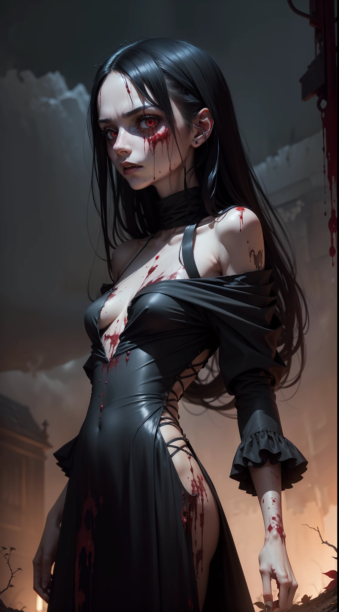 A very pal humanoid character, flying in the dark sky, she is evil, she is skinny, decay, red glowing eyes, fear, terror, frightening, sick, unusually thin, thin, she has long straight black hair, she is wearing a black dress, she is covered in dirt, her dress is ripped, there is blood on her dress, the is blood on her hands, there is blood on her face, it's night time, it's very dark, it's cloudy, it's cold, it's windy, it's fall season, leaves blowing, she is floating, flying