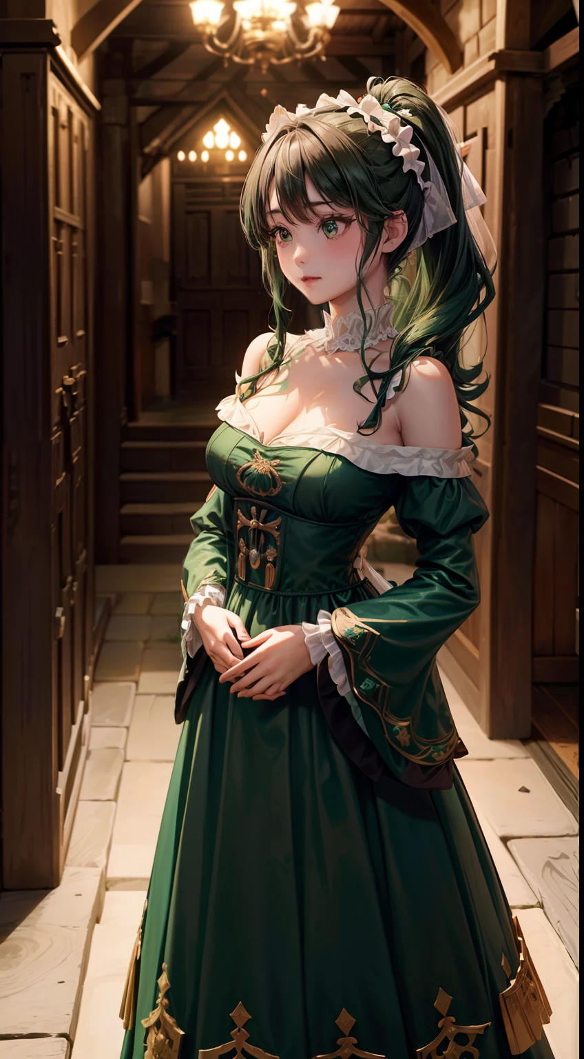 Pristine emerald gothic type long dress with ethereal transparency(Gold and red embroidery,White decoration),​masterpiece, top-quality, 超A high resolution,8K,32K,1girl in,Girl getting out of carriage in elegant dress in medieval European town, (Photorealsitic:1.5), natural soft light, Beautiful fece, Detailed puffy eyes, tiny chest, 年轻, A detailed eye, Detailed skin and fabric texture,((curlyhair, cabelos preto e longos,High Up Ponytail,Cute big white ribbon on ponytail)), (((Tube Top,off shoulders,v neck,Emerald Green Silk Long Dress、White decoration))),adolable, striated hair, A smile, a necklace, full body Esbian, is standing, Teen, Japan Lotus Chun, (((Inside a castle in medieval Europe、Emerald green long dress(Gothic lolita)))),Poses in motion,dynamicposes,dynamic ungle,Background with(stone pavement、Stone corridor,Inside a castle in medieval Europe,Rococo,Brick building,)