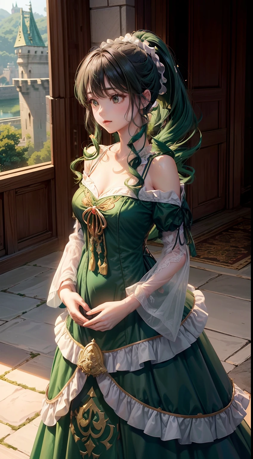 Pristine emerald gothic type long dress with ethereal transparency(Gold and red embroidery,White decoration),masterpiece, top-quality, 超A high resolution,8K,32K,1girl in,Girl getting out of carriage in elegant dress in medieval European town, (Photorealsitic:1.5), natural soft light, Beautiful fece, Detailed puffy eyes, tiny chest, 年轻, A detailed eye, Detailed skin and fabric texture,((curlyhair, cabelos preto e longos,High Up Ponytail,Cute big white ribbon on ponytail)), (((Tube Top,off shoulders,v neck,Emerald Green Silk Long Dress、White decoration))),adolable, striated hair, A smile, a necklace, full body Esbian, is standing, , Japan Lotus Chun, (((Inside a castle in medieval Europe、Emerald green long dress(Gothic loli)),Poses in motion,dynamicposes,dynamic ungle,Background with(stone pavement、Stone corridor,Inside a castle in medieval Europe,Rococo,Brick building,)
