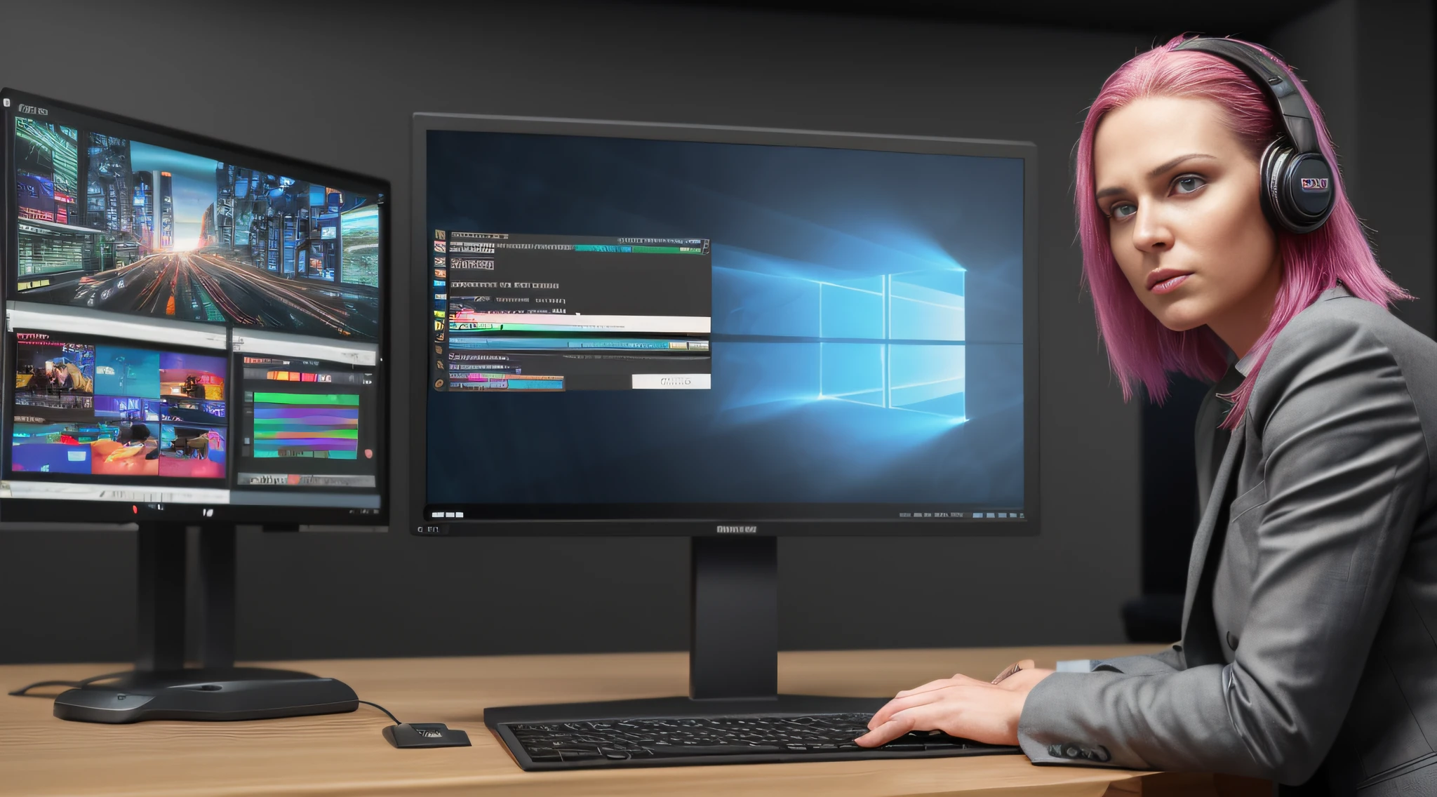 1girl, epic photograph of a woman presenting a computer put on a table, stand up, cyberpunk, (futuristic:1.1), (hyperrealism:1.2), (8K UHD:1.2), (photorealistic:1.2), shot with Canon EOS 5D Mark IV, detailed face, detailed hair, perfect eyes, office room