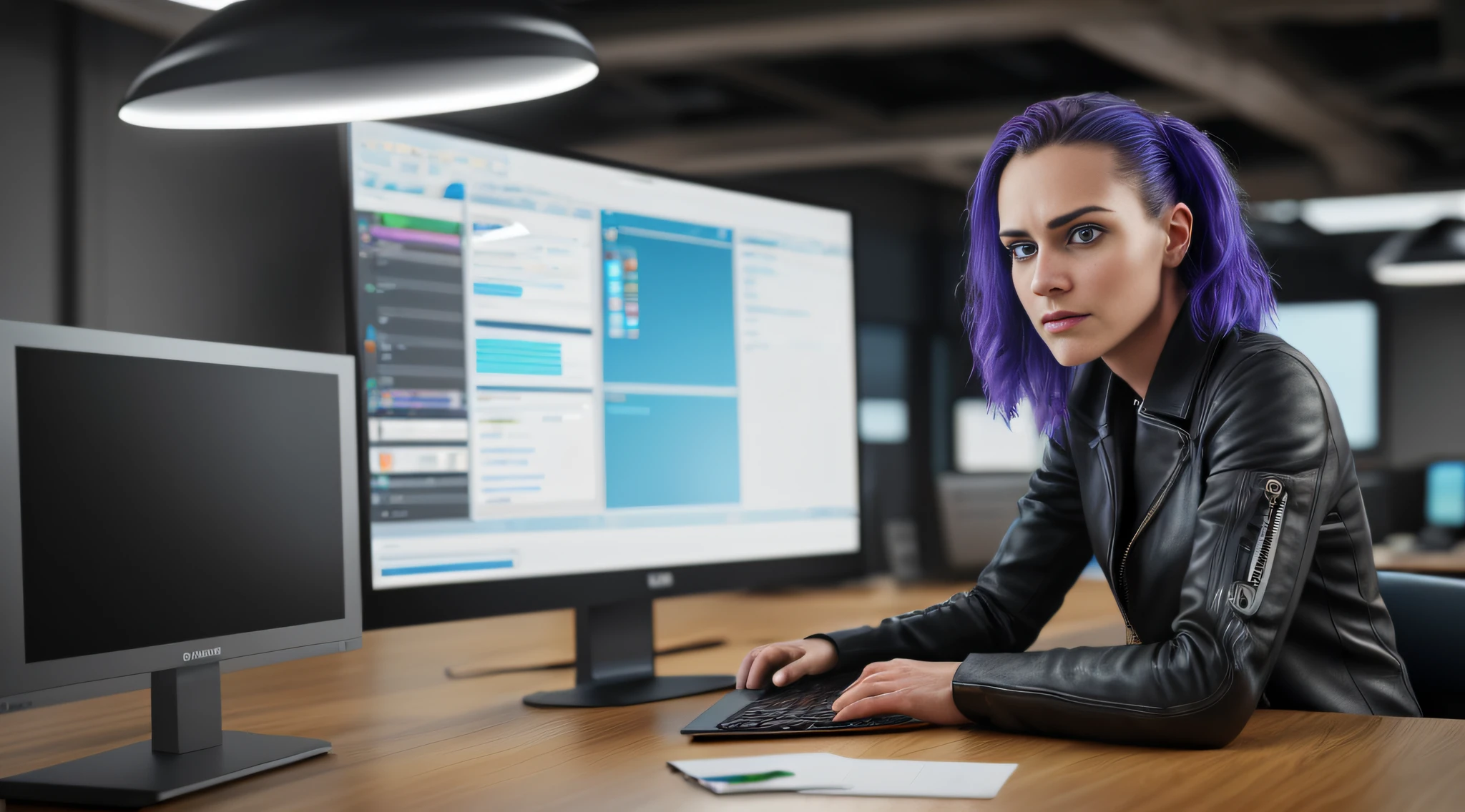 1girl, epic photograph of a woman presenting a computer put on a table, stand up, cyberpunk, (futuristic:1.1), (hyperrealism:1.2), (8K UHD:1.2), (photorealistic:1.2), shot with Canon EOS 5D Mark IV, detailed face, detailed hair, perfect eyes, office room