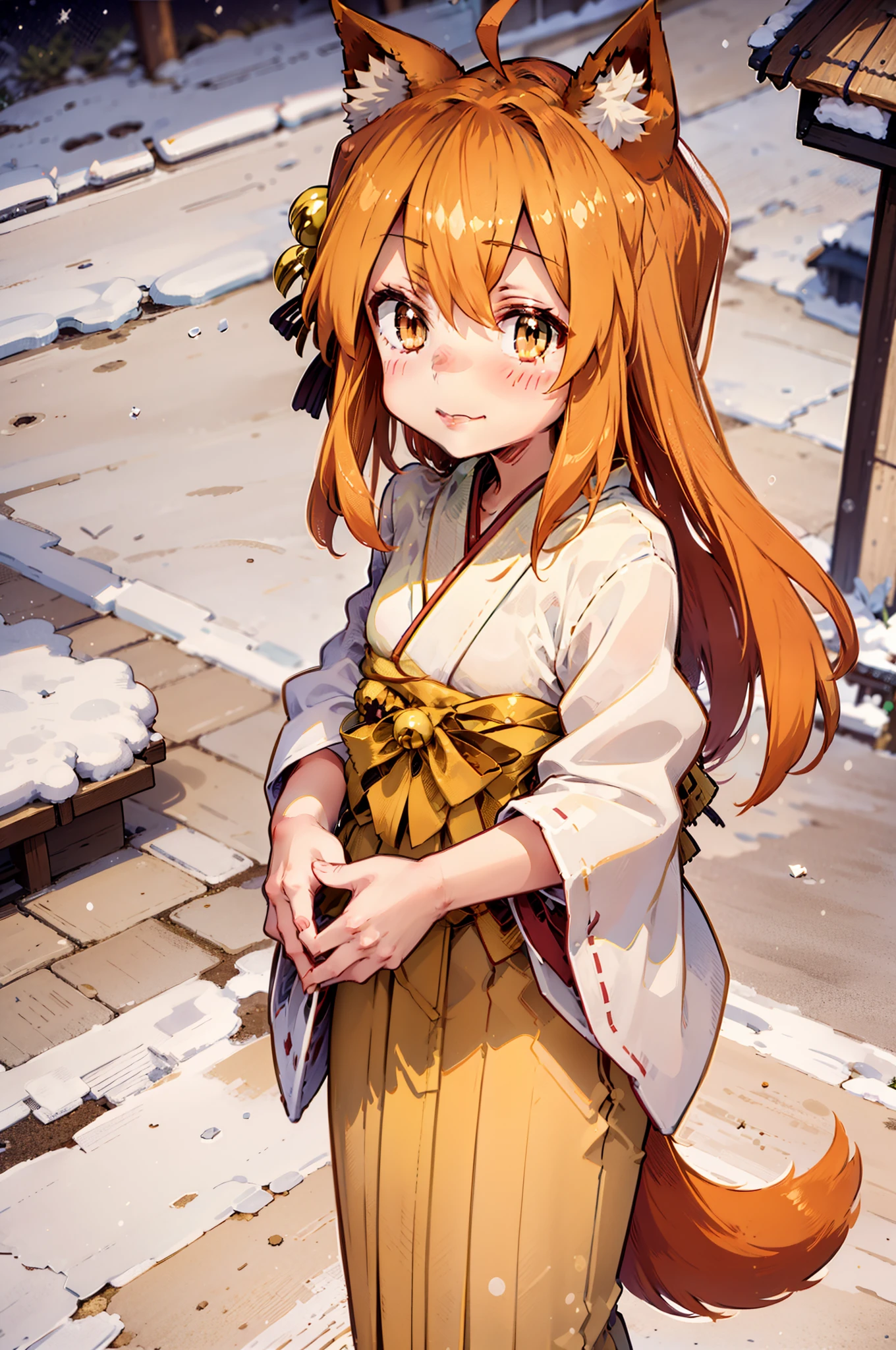 Masterpiece, best quality, perfect lighting, 1girl, solo, suzu, fox ears, fox tail, brown eyes, orange hair, yellow miko kimono, bell hair ornament, medium hair, ahoge, hair between eyes, standing, smile, winter, snow, nighttime, snowing, looking at viewer, (cold breath:1.4), (jitome:1),, standing, flipflops