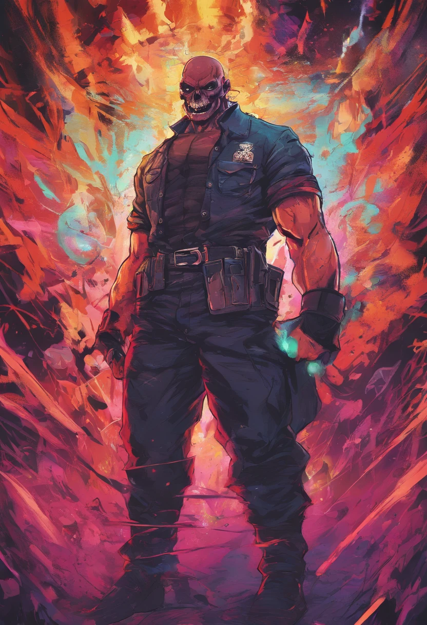 Skull-faced policeman wearing balacrava, bright burning eyes, burning penitentiary background, ultra-detailed background, Biomechanics, strange, scary, Nightmare, very bright colors, light particles, with bright light, Mshiff, Wallpaper art, hard line, ultra line, bold line, Wallpaper UHD wall, no double face, no error.