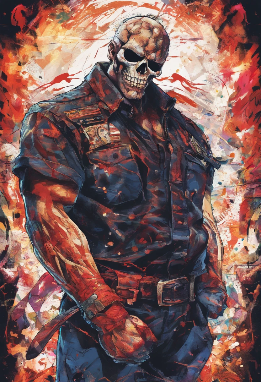 Skull-faced policeman wearing balacrava, bright burning eyes, burning penitentiary background, ultra-detailed background, Biomechanics, strange, scary, Nightmare, very bright colors, light particles, with bright light, Mshiff, Wallpaper art, hard line, ultra line, bold line, Wallpaper UHD wall, no double face, no error.