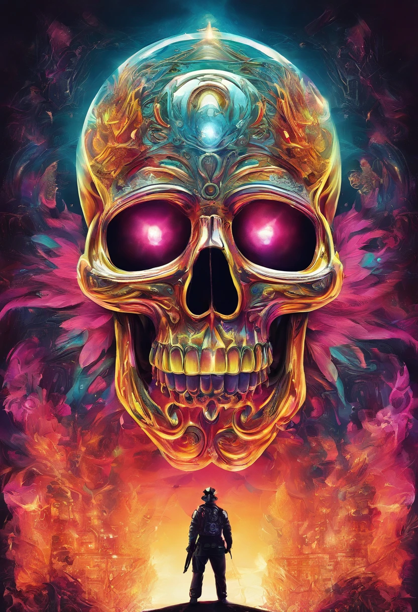 Skull-faced policeman wearing balacrava, bright burning eyes, burning penitentiary background, ultra-detailed background, Biomechanics, strange, scary, Nightmare, very bright colors, light particles, with bright light, Mshiff, Wallpaper art, hard line, ultra line, bold line, Wallpaper UHD wall, no double face, no error.