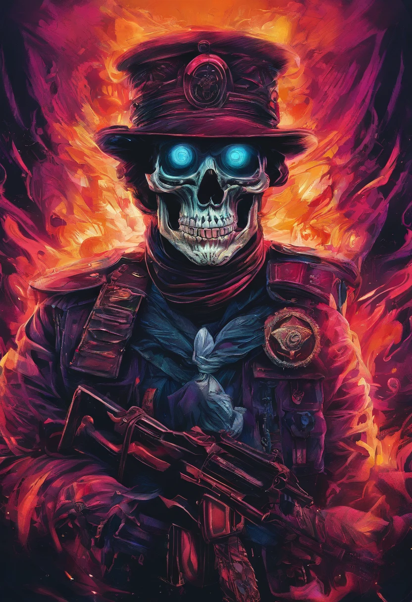Skull-faced policeman wearing balacrava, bright burning eyes, burning penitentiary background, ultra-detailed background, Biomechanics, strange, scary, Nightmare, very bright colors, light particles, with bright light, Mshiff, Wallpaper art, hard line, ultra line, bold line, Wallpaper UHD wall, no double face, no error.