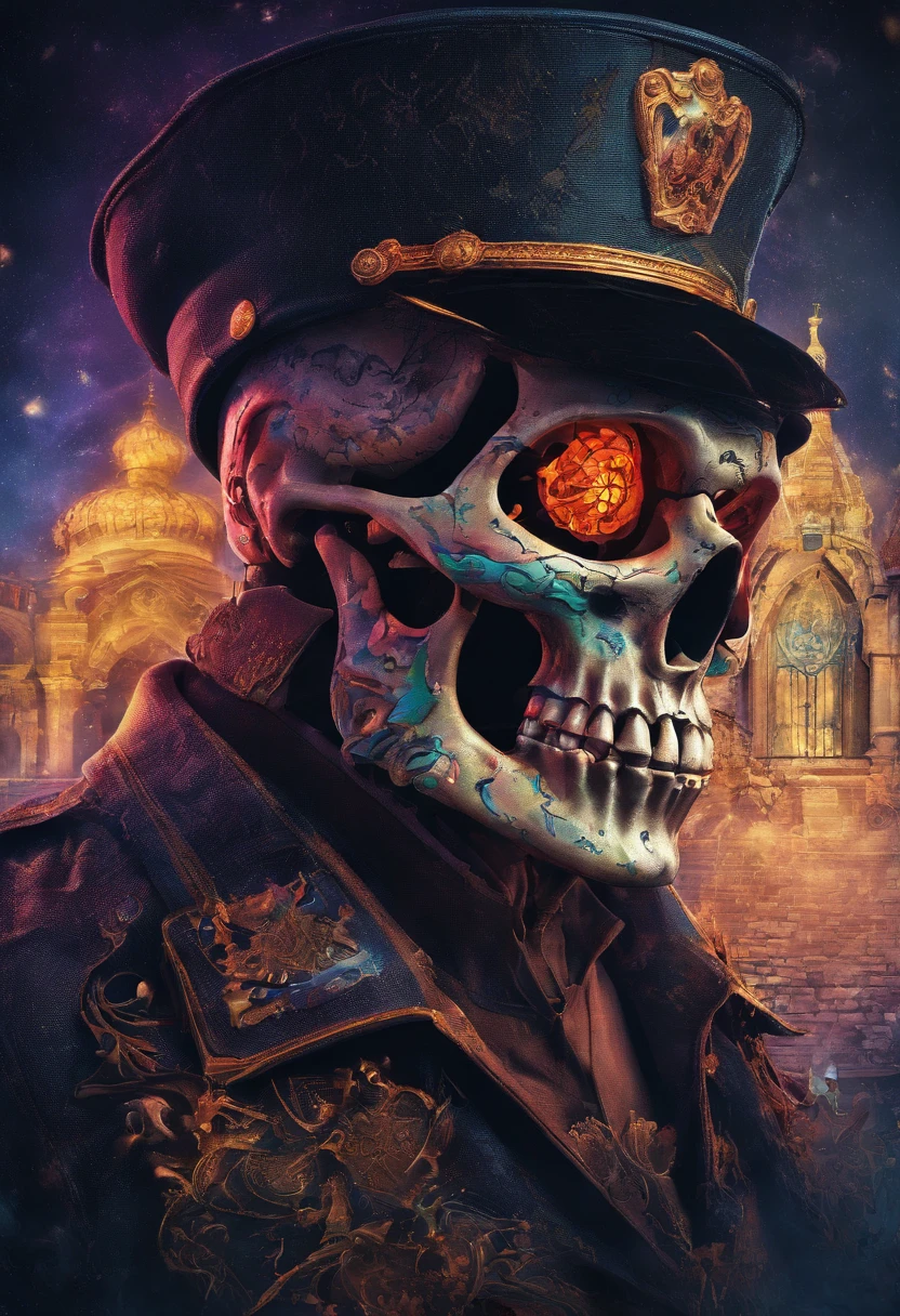 Skull-faced policeman wearing balacrava, bright burning eyes, burning penitentiary background, ultra-detailed background, Biomechanics, strange, scary, Nightmare, very bright colors, light particles, with bright light, Mshiff, Wallpaper art, hard line, ultra line, bold line, Wallpaper UHD wall, no double face, no error.