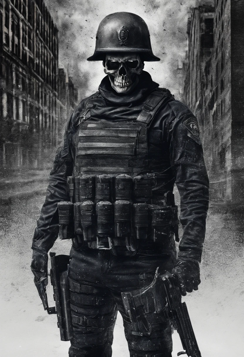 Skull-faced policeman wearing balacrava, bright burning eyes, burning penitentiary background, ultra-detailed background, Biomechanics, strange, scary, Nightmare, very bright colors, light particles, with bright light, Mshiff, Wallpaper art, hard line, ultra line, bold line, Wallpaper UHD wall, no double face, no error.