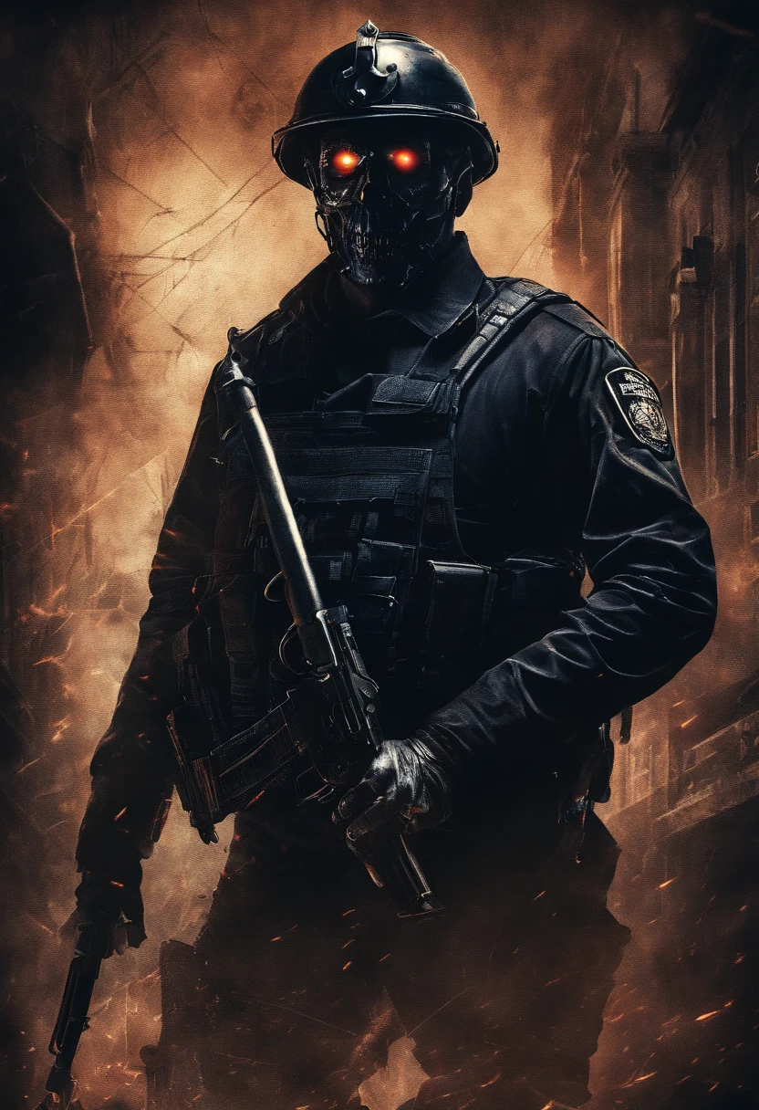 Skull-faced policeman wearing balacrava, bright burning eyes, burning penitentiary background, ultra-detailed background, Biomechanics, strange, scary, Nightmare, very bright colors, light particles, with bright light, Mshiff, Wallpaper art, hard line, ultra line, bold line, Wallpaper UHD wall, no double face, no error.