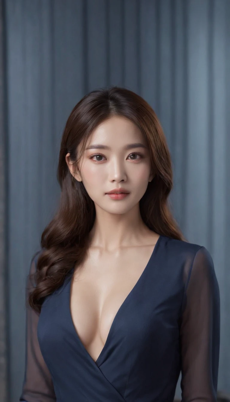 (Top Quality, 16k, Masterpiece: 1.3)), korean woman, Slender Beauty 1 Person: 1.5, ( large D Cup Breasts: 1.1, Slender Abs: 1.2), (Black Straight Long Hair), (Ultra Detailed Face and Skin Texture, Ultra Detailed Eyes, Double Eyelids, Ultra Detailed Eyes), (Sharp Focus: 1.2), tight Dark Blue Suit, Dark Blue pajamas, Back ground is President's bedroom, close shot with focus on her chest