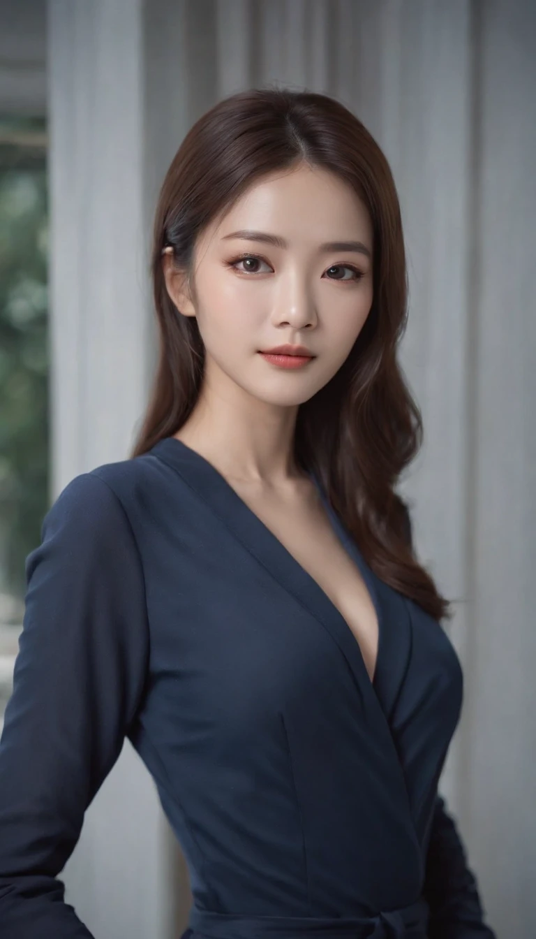 (Top Quality, 16k, Masterpiece: 1.3)), korean woman, Slender Beauty 1 Person: 1.5, ( large D Cup Breasts: 1.1, Slender Abs: 1.2), (Black Straight Long Hair), (Ultra Detailed Face and Skin Texture, Ultra Detailed Eyes, Double Eyelids, Ultra Detailed Eyes), (Sharp Focus: 1.2), tight Dark Blue Suit, Dark Blue pajamas, Back ground is President's bedroom, close shot with focus on her chest