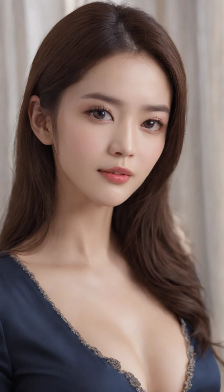 (Top Quality, 16k, Masterpiece: 1.3)), korean woman, Slender Beauty 1 Person: 1.5, ( large D Cup Breasts: 1.1, Slender Abs: 1.2), (Black Straight Long Hair), (Ultra Detailed Face and Skin Texture, Ultra Detailed Eyes, Double Eyelids, Ultra Detailed Eyes), (Sharp Focus: 1.2), tight Dark Blue Suit, Dark Blue pajamas, Back ground is President's bedroom, close shot with focus on her chest