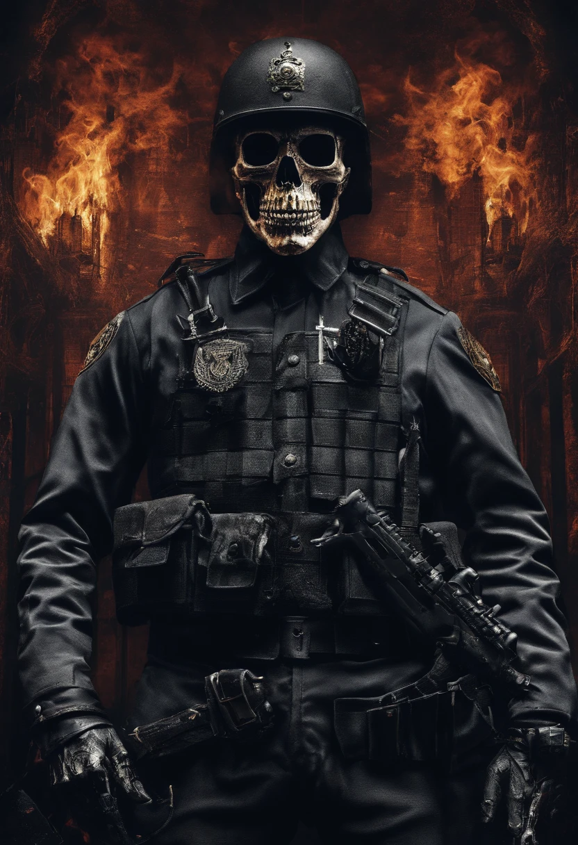 Skull-faced policeman wearing balacrava, bright burning eyes, burning penitentiary background, ultra-detailed background, Biomechanics, strange, scary, Nightmare, very bright colors, light particles, with bright light, Mshiff, Wallpaper art, hard line, ultra line, bold line, Wallpaper UHD wall, no double face, no error.