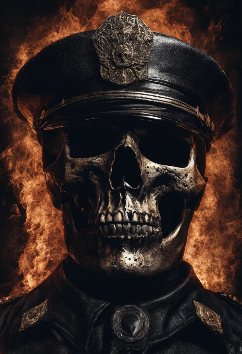 Skull-faced policeman wearing balacrava, bright burning eyes, burning penitentiary background, ultra-detailed background, Biomechanics, strange, scary, Nightmare, very bright colors, light particles, with bright light, Mshiff, Wallpaper art, hard line, ultra line, bold line, Wallpaper UHD wall, no double face, no error.