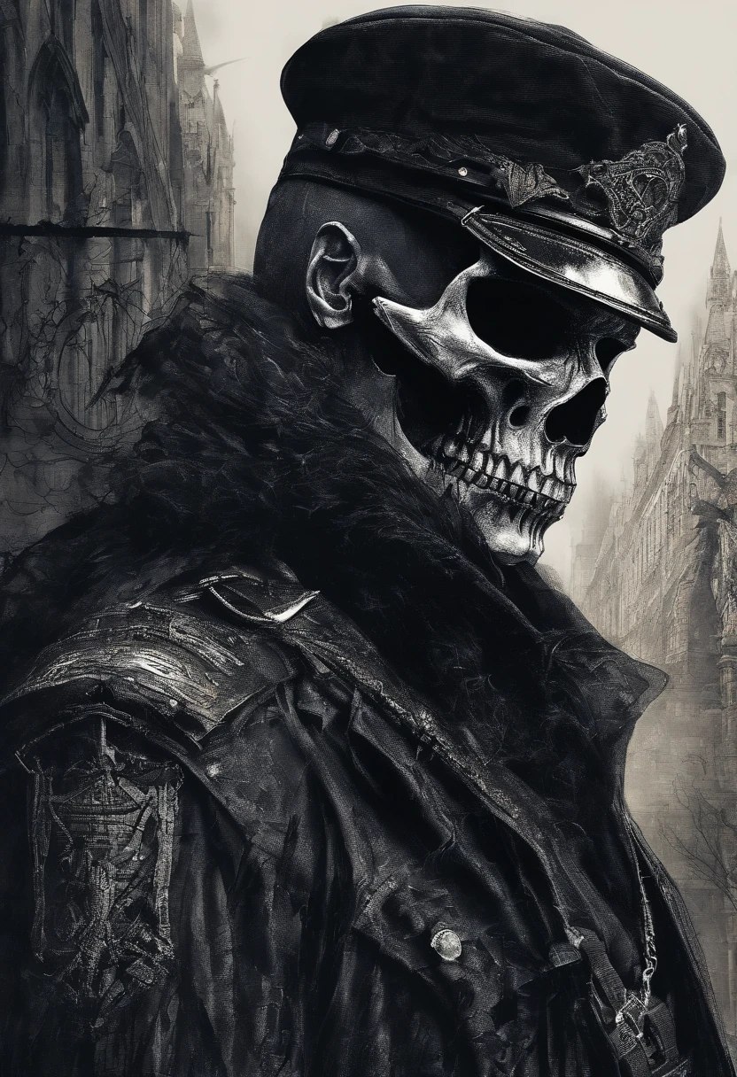 Skull-faced policeman wearing balacrava, bright burning eyes, burning penitentiary background, ultra-detailed background, Biomechanics, strange, scary, Nightmare, very bright colors, light particles, with bright light, Mshiff, Wallpaper art, hard line, ultra line, bold line, Wallpaper UHD wall, no double face, no error.