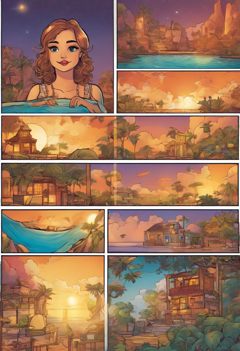Quadrinhos americanos, The comic is presented in several irregular panels with colors. Uma menina de vestido transparente olhando a luz da lua, in each block she will be undressed until she is left with nothing.