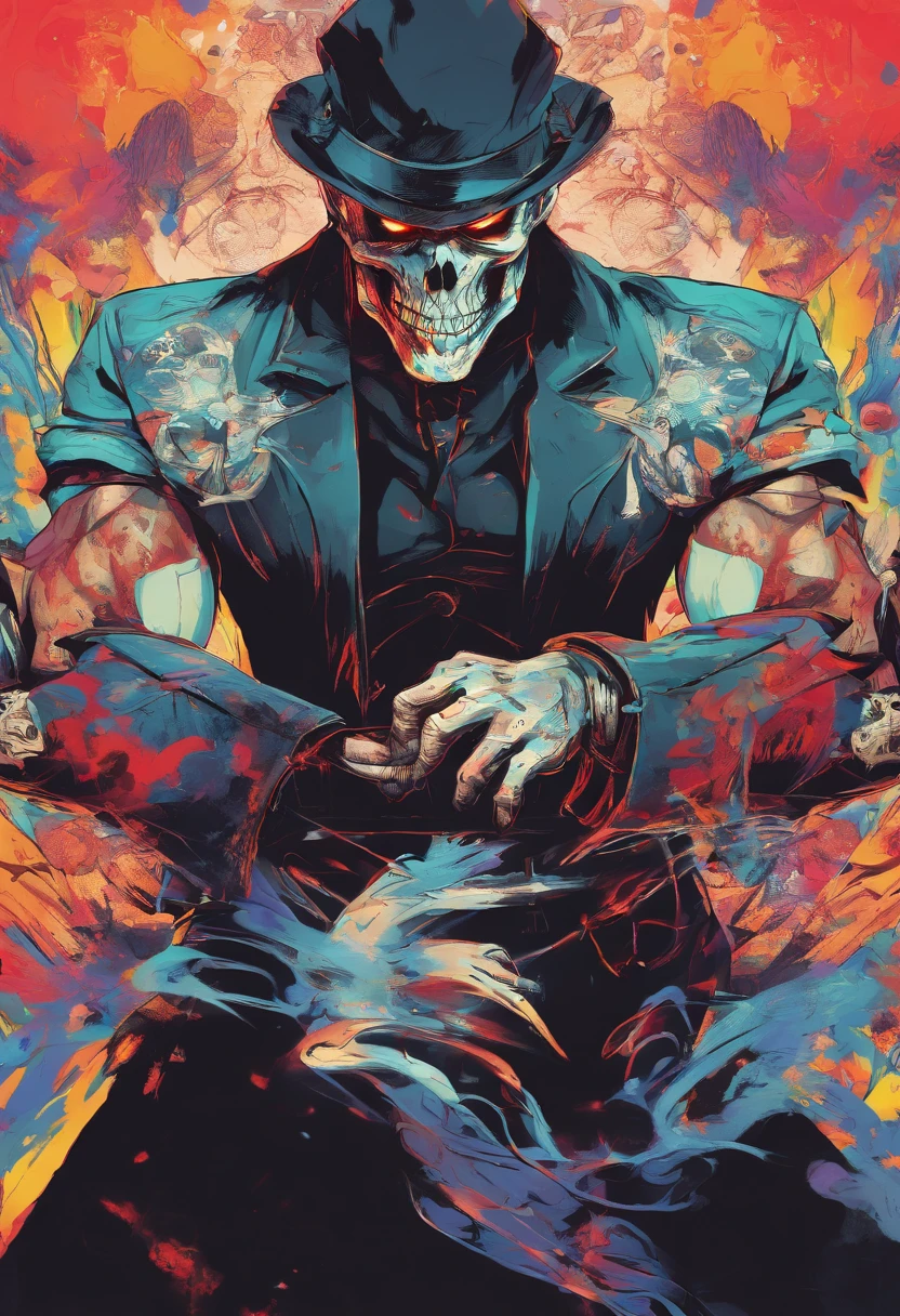 Skull-faced policeman wearing balacrava, bright burning eyes, burning penitentiary background, ultra-detailed background, Biomechanics, strange, scary, Nightmare, very bright colors, light particles, with bright light, Mshiff, Wallpaper art, hard line, ultra line, bold line, Wallpaper UHD wall, no double face, no error.