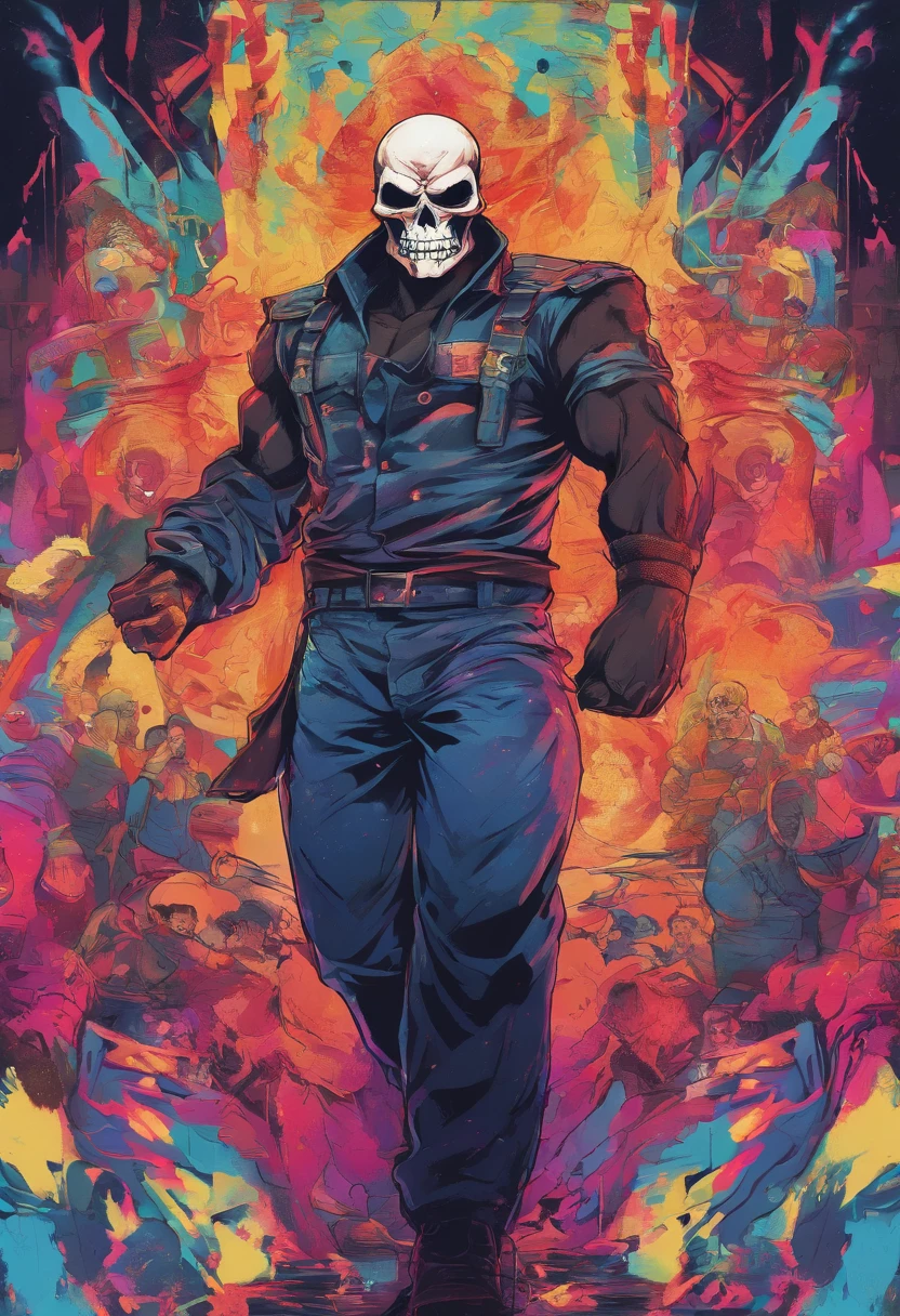 Skull-faced policeman wearing balacrava, bright burning eyes, burning penitentiary background, ultra-detailed background, Biomechanics, strange, scary, Nightmare, very bright colors, light particles, with bright light, Mshiff, Wallpaper art, hard line, ultra line, bold line, Wallpaper UHD wall, no double face, no error.