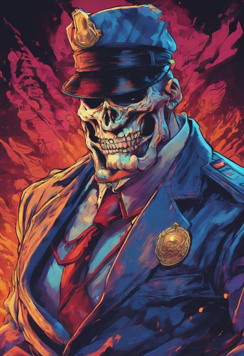 Skull-faced policeman wearing balacrava, bright burning eyes, burning penitentiary background, ultra-detailed background, Biomechanics, strange, scary, Nightmare, very bright colors, light particles, with bright light, Mshiff, Wallpaper art, hard line, ultra line, bold line, Wallpaper UHD wall, no double face, no error.