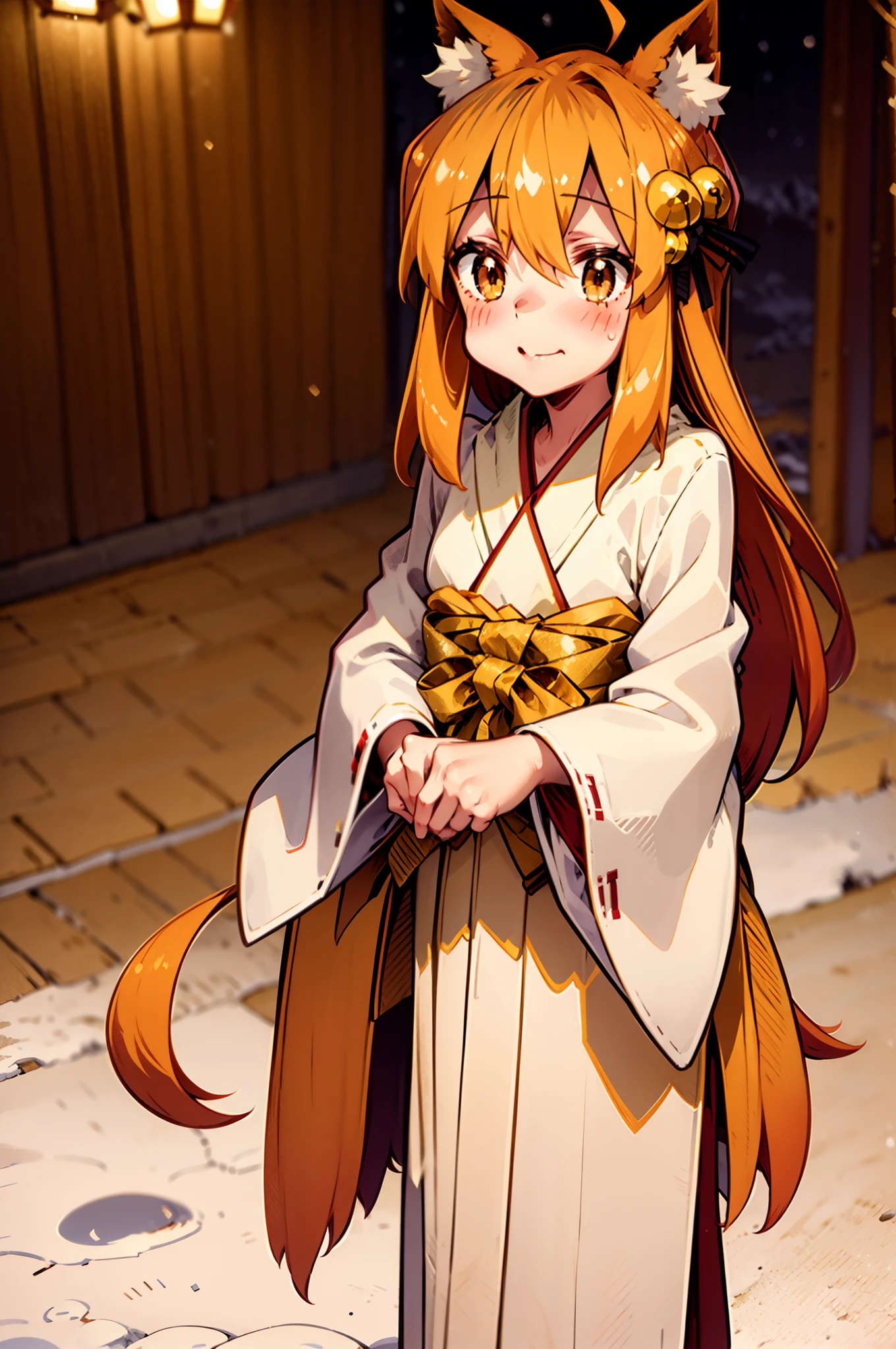 Masterpiece, best quality, perfect lighting, 1girl, solo, suzu, fox ears, fox tail, brown eyes, orange hair, yellow miko kimono, bell hair ornament, medium hair, ahoge, hair between eyes, standing, smile, winter, snow, nighttime, snowing, looking at viewer, (cold breath:1.4), (jitome:1),, standing, flipflops, full body