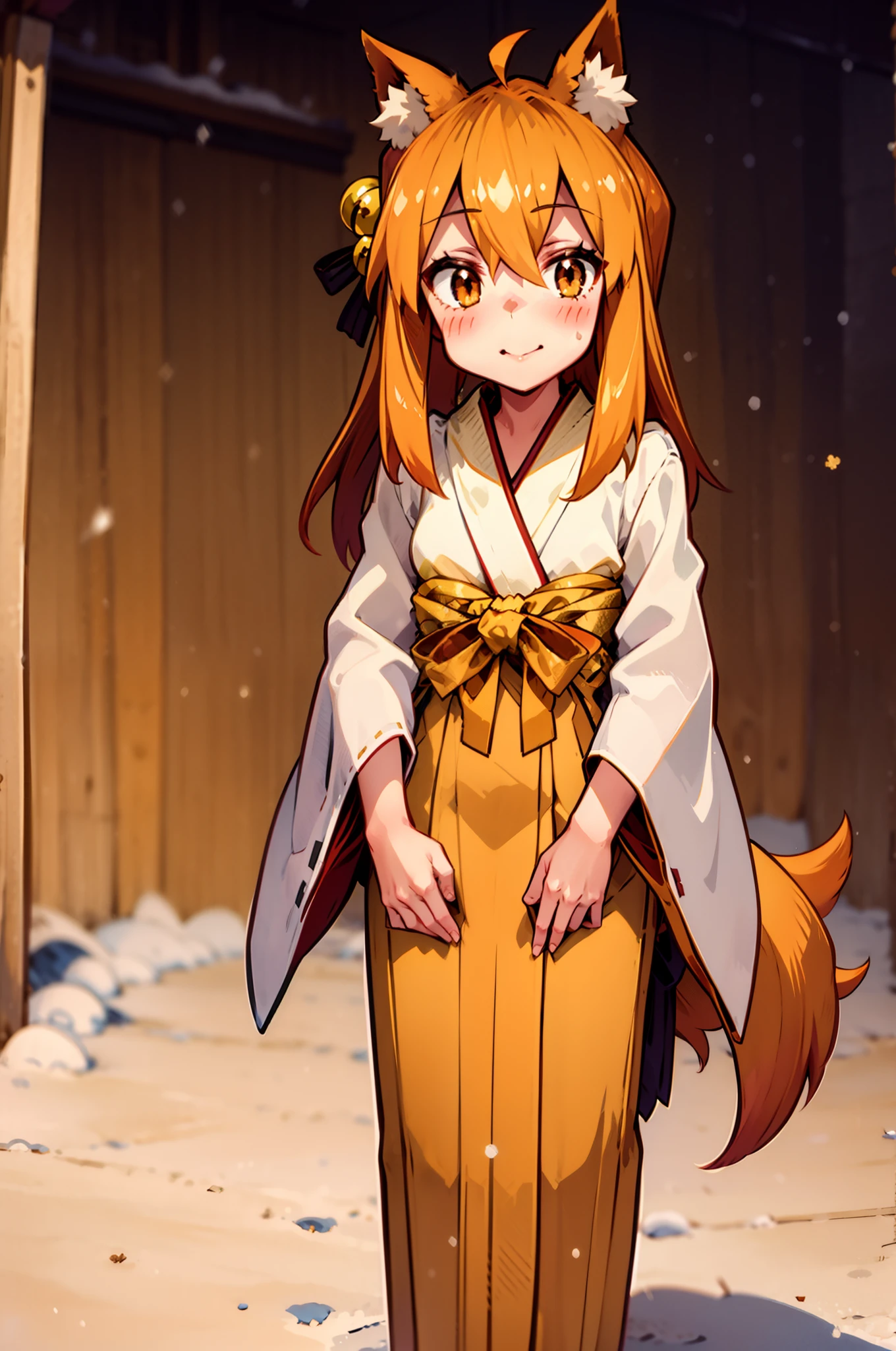 Masterpiece, best quality, perfect lighting, 1girl, solo, suzu, fox ears, fox tail, brown eyes, orange hair, yellow miko kimono, bell hair ornament, medium hair, ahoge, hair between eyes, standing, smile, winter, snow, nighttime, snowing, looking at viewer, (cold breath:1.4), (jitome:1),, standing, flipflops, full body