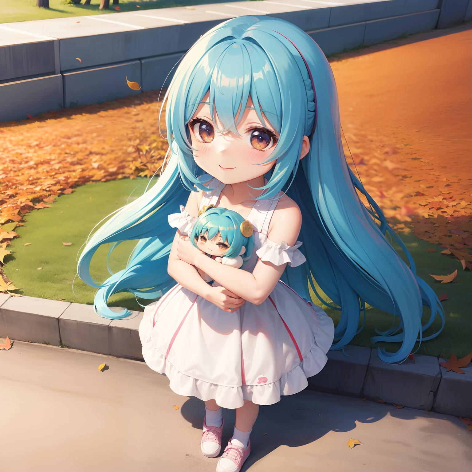 Chibichara、Play tennis、long hair with blue hair((Chibi Chara))、Fluffy、girl with、A smile、Chibi Chara、full body Esbian、Pastel colors hair、masutepiece、top-quality、Park of autumn leaves、