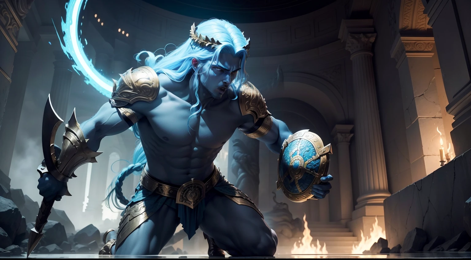 "Generate a captivating image showcasing the heroic Perseus in the climactic moment of his battle with Medusa. Illustrate Perseus wielding a reflective shield, a gift from the goddess Athena, to avoid the petrifying gaze of the Gorgon. Show Medusa in her terrifying form, her serpentine hair writhing, as Perseus prepares to deliver the fatal blow