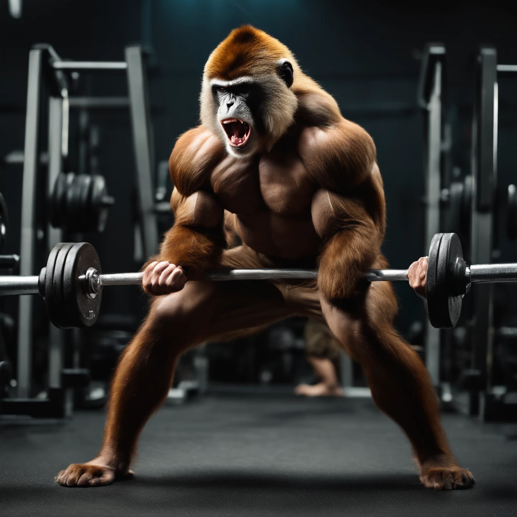 muscular monkey, barbell exercise, angry face, bodybuilder, 8k