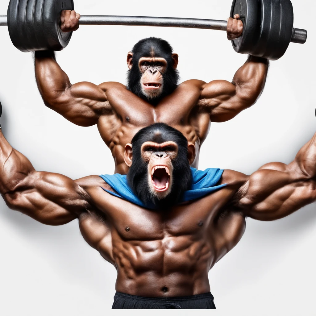 muscular monkey, barbell exercise, angry face, bodybuilder, 8k