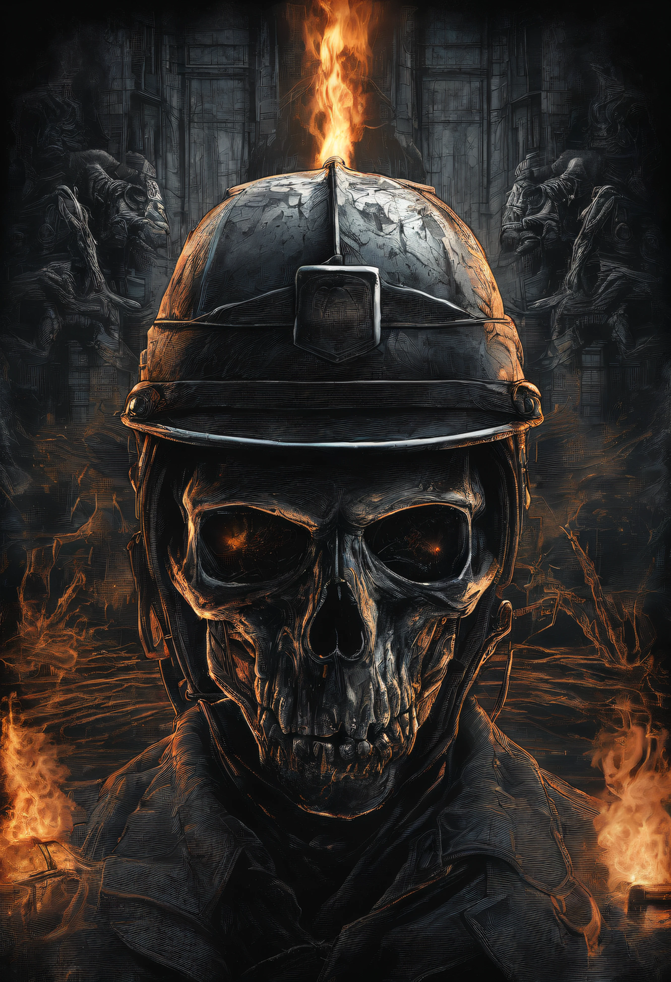 Skull-faced policeman wearing balacrava, bright burning eyes, burning penitentiary background, ultra-detailed background, Biomechanics, strange, scary, Nightmare, very bright colors, light particles, with bright light, Mshiff, Wallpaper art, hard line, ultra line, bold line, Wallpaper UHD wall, no double face, no error.