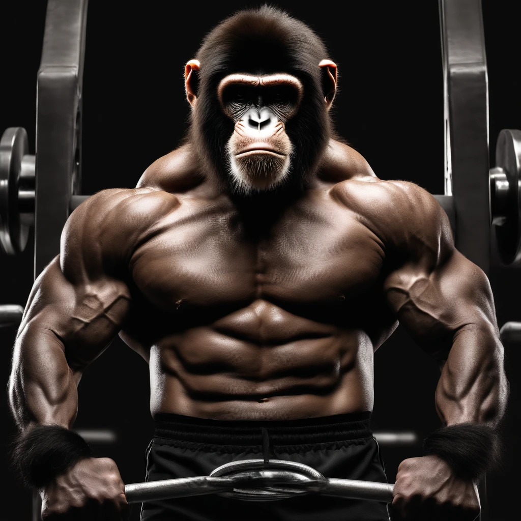 muscular monkey, barbell exercise, angry face, bodybuilder, 8k boxor, text in monkey head 97 number