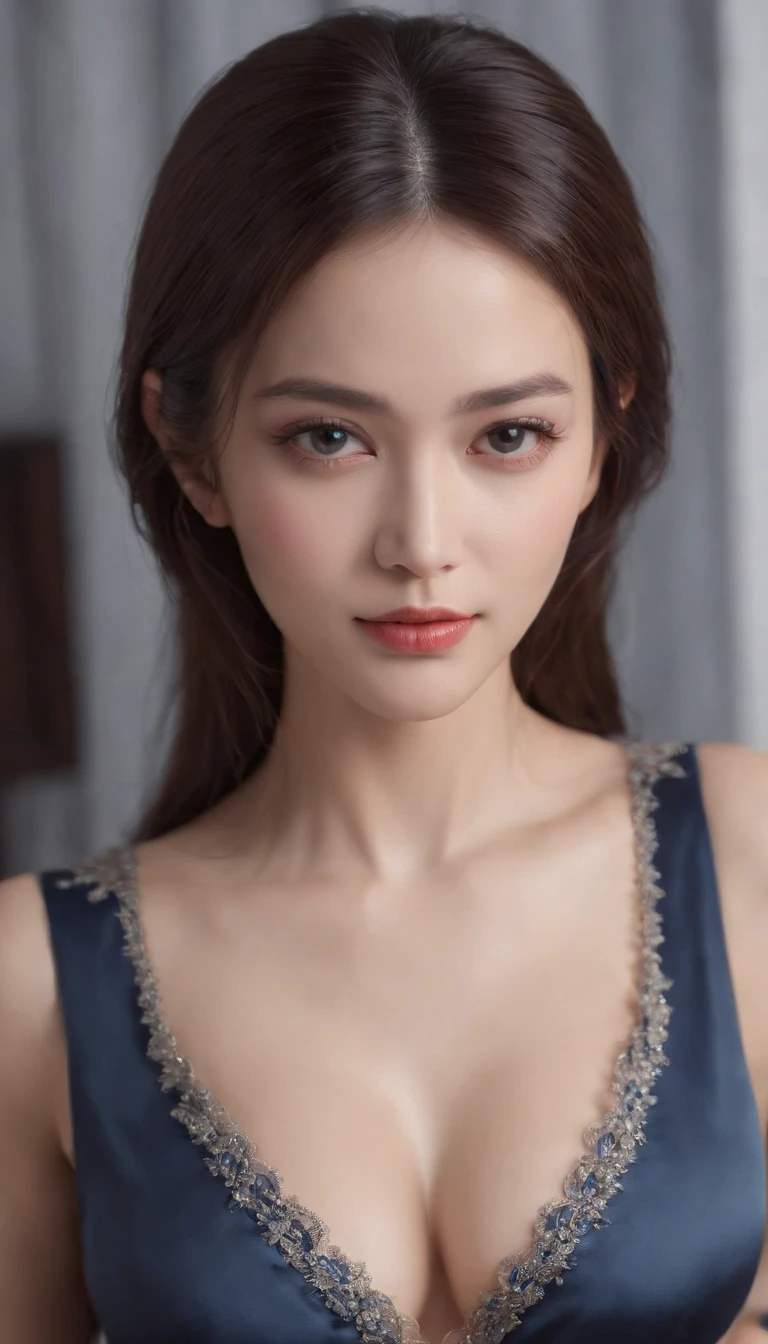 (Top Quality, 16k, Masterpiece: 1.3)), Slender Beauty 1 Person: 1.5, (large D Cup Breasts: 1.1, Slender Abs: 1.2), (Black Straight Long Hair), (Ultra Detailed Face and Skin Texture, Ultra Detailed Eyes, Double Eyelids, Ultra Detailed Eyes), (Sharp Focus: 1.2), tight Dark Blue Suit, Dark Blue pajamas, sexualy Kneeling on Desk, Back ground is President's bedroom, close shot with focus on her chest