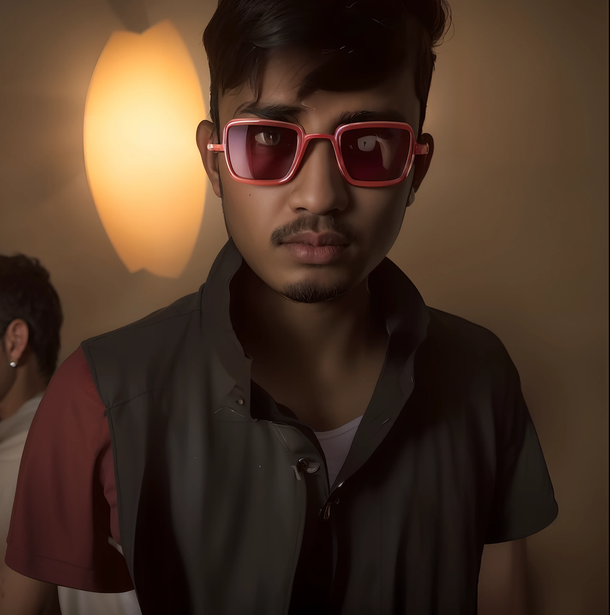 arafed man wearing glasses and a red shirt standing against a purple wall, wearing red tainted glasses, with sunglass, with accurate face, with sunglasses, around 1 , jayison devadas, with glasses, mohamed chahin, very very low quality picture, very accurate photo, inspired by Bikash Bhattacharjee, profile pic, with glasses on