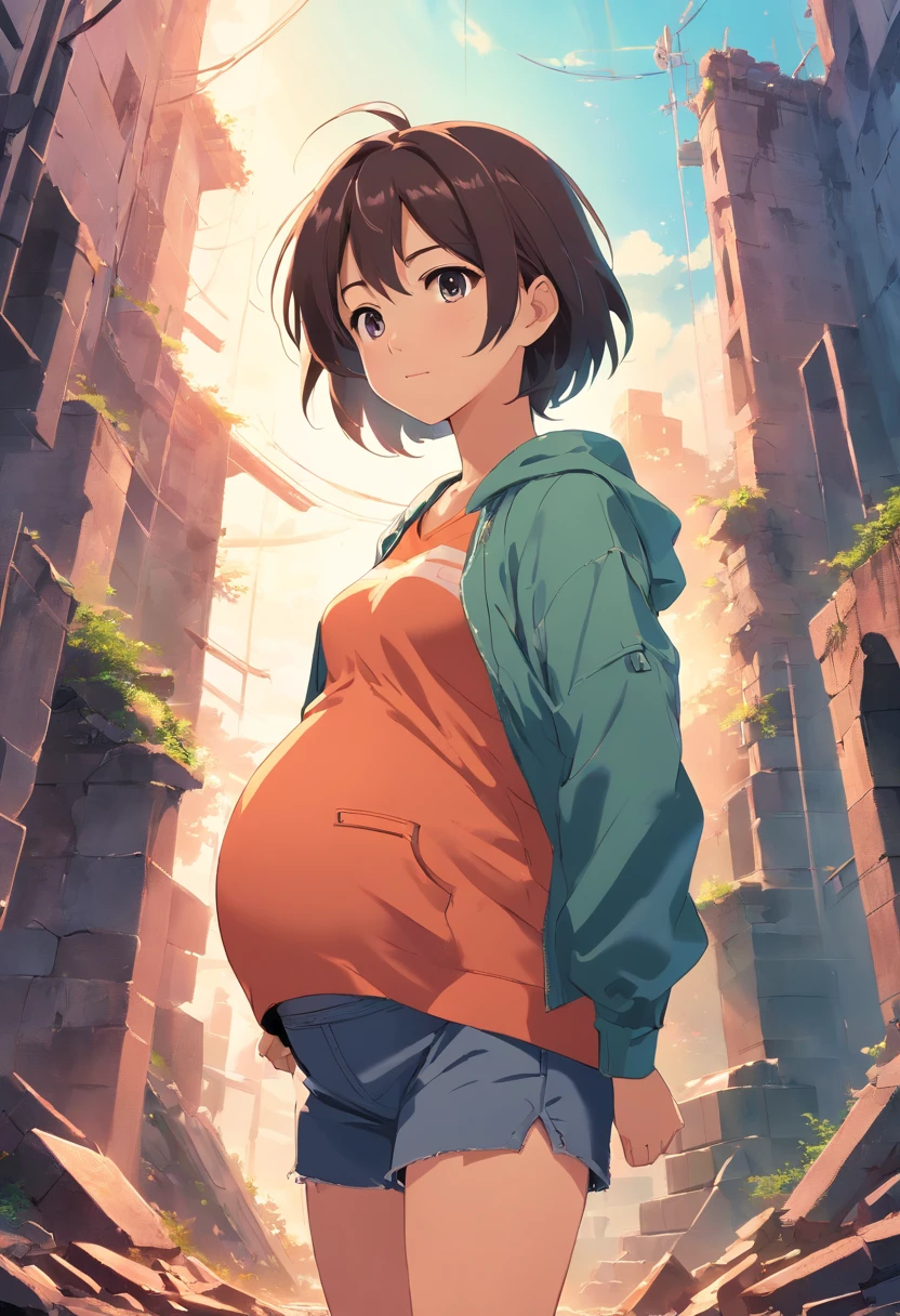 masterpiece, best quality, dynamic pose, dynamic angle, ruins, dynamic background, multicolored background, 1girl, standing, pregnant