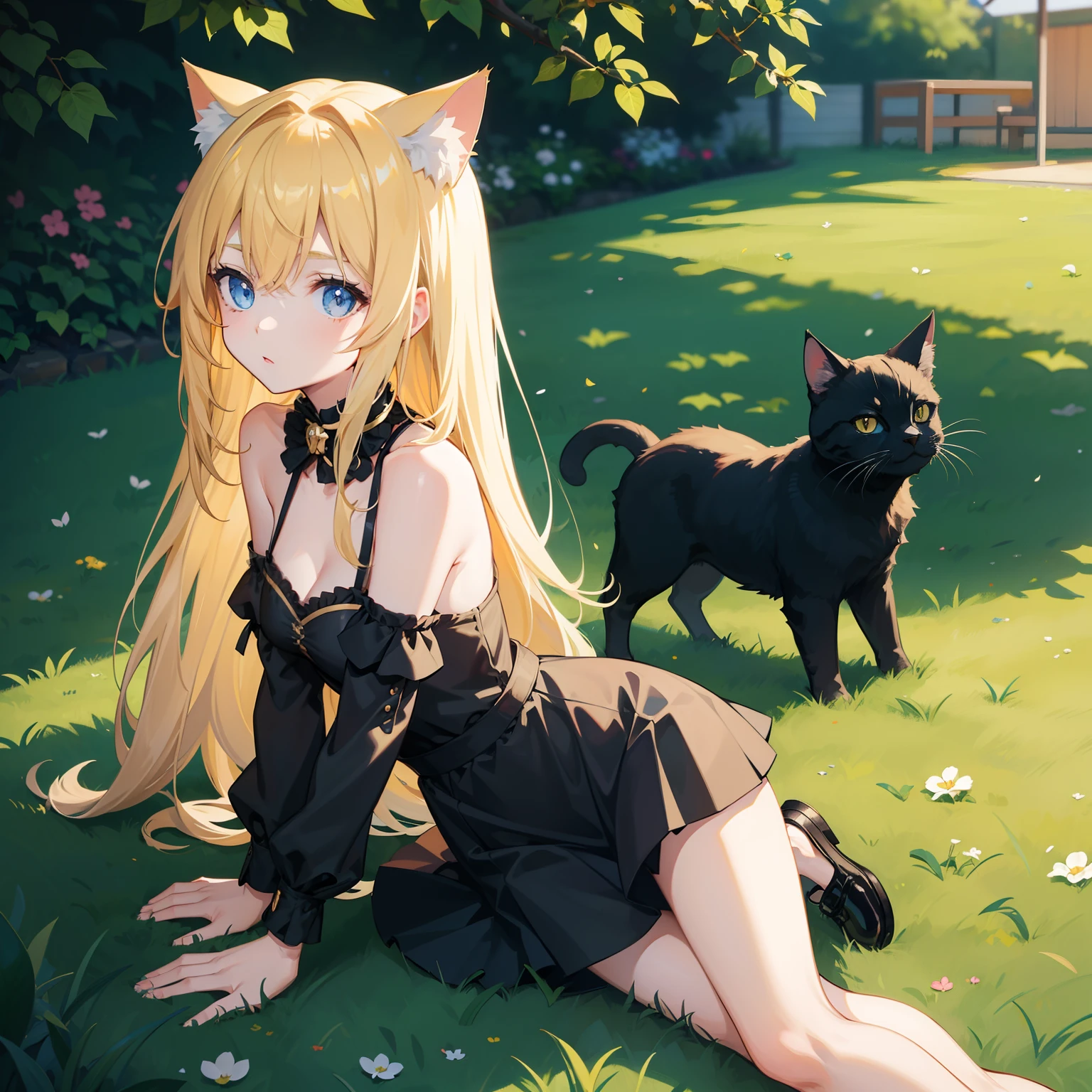 cat girl, Anime-Stil, steht in Garten, blondes langes Haar, wears a very short black dress