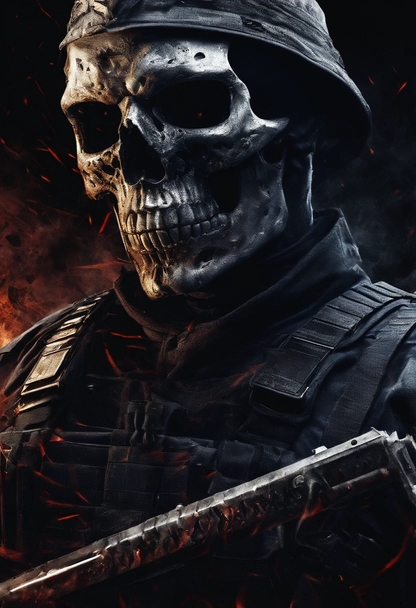 Skull-faced policeman wearing balacrava, bright burning eyes, holding super crafted weapons, super realistic weapons, super detailed weapon, burning penitentiary background, ultra-detailed background, Biomechanics, strange, scary, Nightmare, very bright colors, light particles, with bright light, Mshiff, Wallpaper art, hard line, ultra line, bold line, Wallpaper UHD wall, no double face, no error.