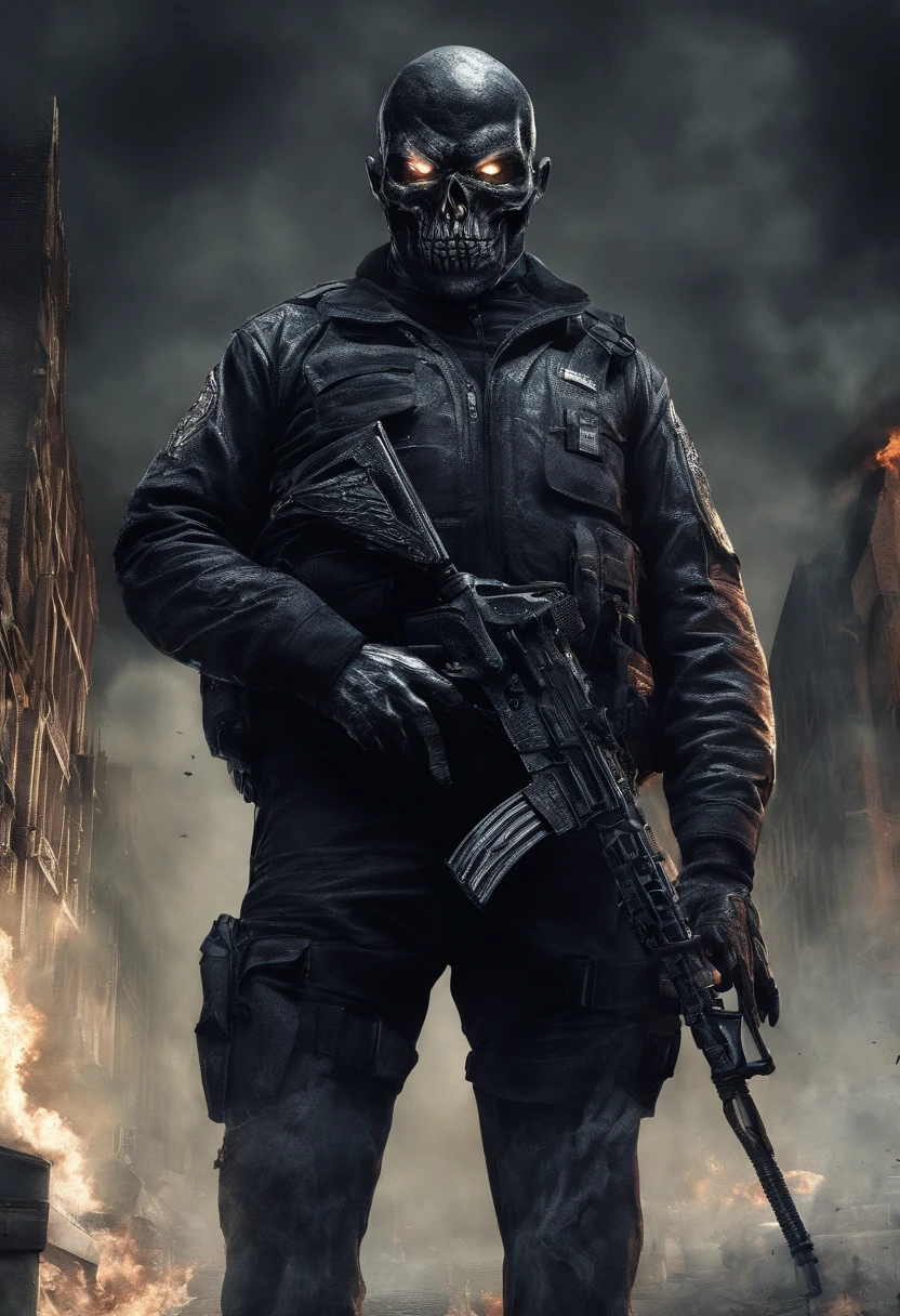 Skull-faced policeman wearing balacrava, bright burning eyes, holding super crafted weapons, super realistic weapons, super detailed weapon, burning penitentiary background, ultra-detailed background, Biomechanics, strange, scary, Nightmare, very bright colors, light particles, with bright light, Mshiff, Wallpaper art, hard line, ultra line, bold line, Wallpaper UHD wall, no double face, no error.