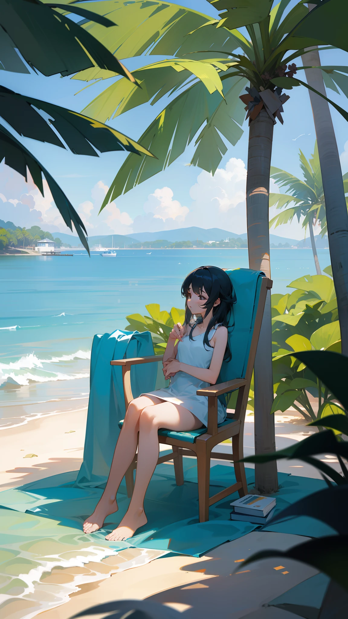 ((Masterpiece,Best quality,modern)), In this static picture,I chose a simple scene to express the text content provided by the user。There is a wide beach in the picture,There is fine white sand on the beach,Under the sun,The sea is a warm blue。on the beach,There was a comfortable lounge chair,There was a fluffy towel and a book on it。Not far away is a leafy coconut tree,Provides a cool shade to the place。
This image conveys serenity、Romantic and warm emotions。It is an intimate one created for the user to the beloved woman、Quiet place。In this picture,Users can share quality time with her,Enjoy stunning views of the sea together,Listen to the sound of the waves,Feel the breeze。This picture gives a sense of tranquility and relaxation,Make people feel good、Comfortable。