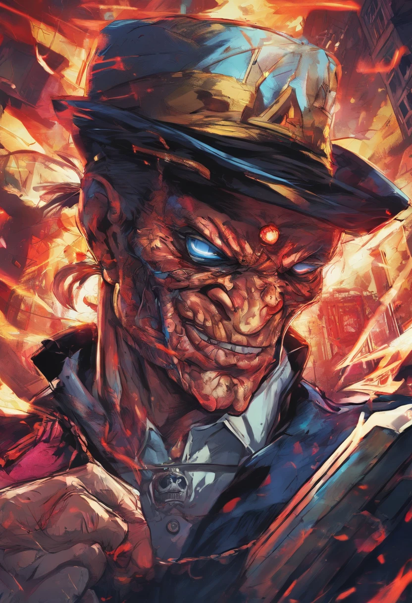 Skull-faced policeman wearing balacrava, bright burning eyes, holding super crafted weapons, super realistic weapons, super detailed weapon, burning penitentiary background, ultra-detailed background, Biomechanics, strange, scary, Nightmare, very bright colors, light particles, with bright light, Mshiff, Wallpaper art, hard line, ultra line, bold line, Wallpaper UHD wall, no double face, no error.