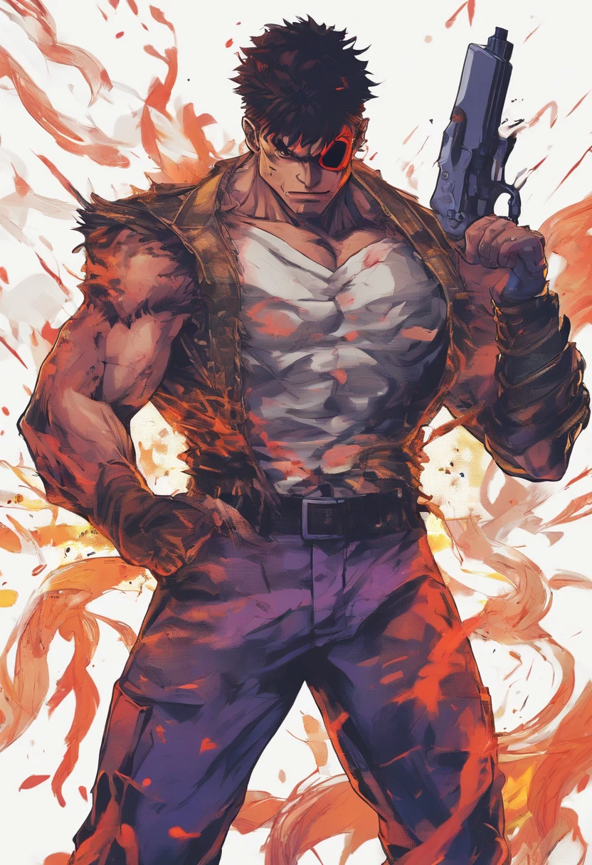 Skull-faced policeman wearing balacrava, bright burning eyes, holding super crafted weapons, super realistic weapons, super detailed weapon, burning penitentiary background, ultra-detailed background, Biomechanics, strange, scary, Nightmare, very bright colors, light particles, with bright light, Mshiff, Wallpaper art, hard line, ultra line, bold line, Wallpaper UHD wall, no double face, no error.