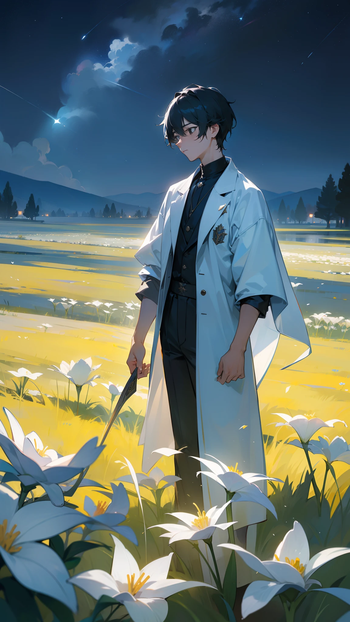 ((Masterpiece,Best quality,modern)), Screen description：A young man stands in the silence of the night，The eyes revealed deep sadness and inner pain。He was surrounded by a meadow，There are several broken white flowers scattered on it，Symbolizes his inner vulnerability and sadness。In his hand was a piece of stationery full of words，It seems that he misses or recalls an important person。Stars in the sky，The tranquility of the night sky contrasts with the emotions in the heart of men。The whole picture is filled with an atmosphere of sadness and helplessness。