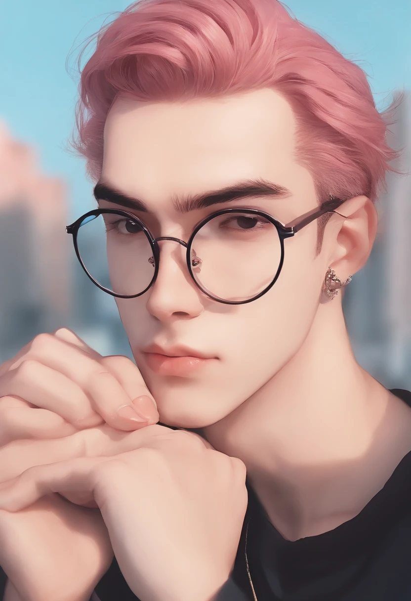 Close-up of a 22-year-old with glasses on his head, cabelo rosa curto,Hair three or seven stitches,The background is modified to light blue,Retrato Lofi, Elogio Artstyle, retro anime boy,